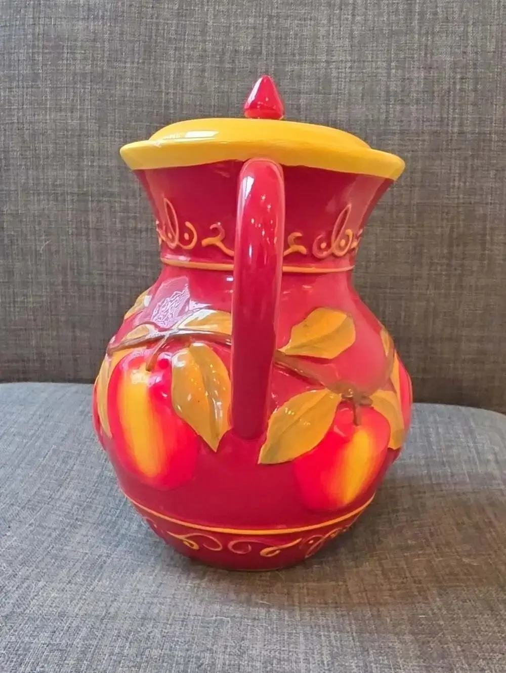 Nonni's Biscotti Hand Painted Embossed Apple Ceramic Pitcher with Lid